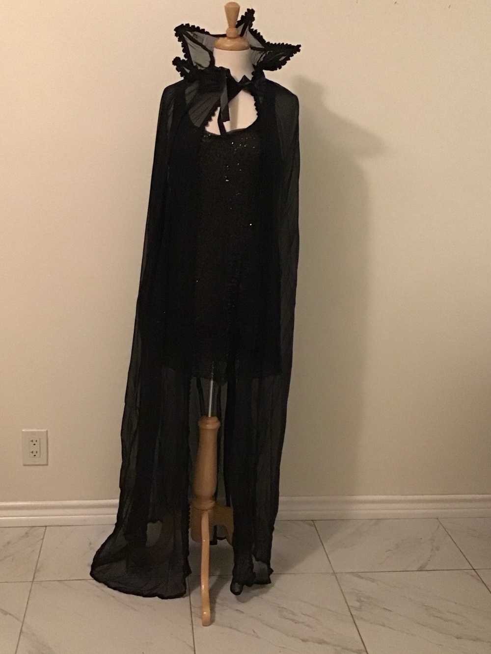 Black Sheer Cape with Ruffled High Collar